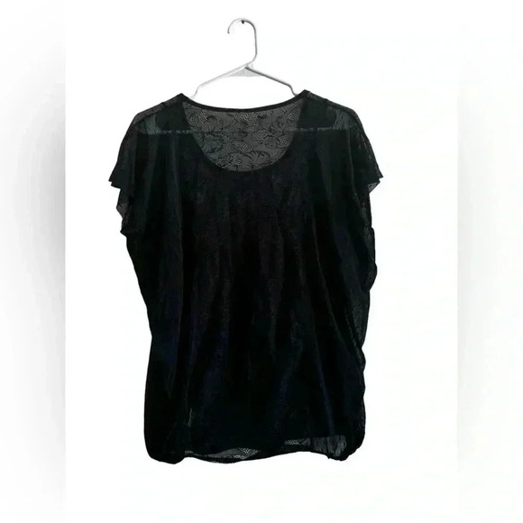 Free People Blue Floral Lace Stretchy Mesh Blouse Top Raglan Short Sleeve Sz S/P - Picture 7 of 12